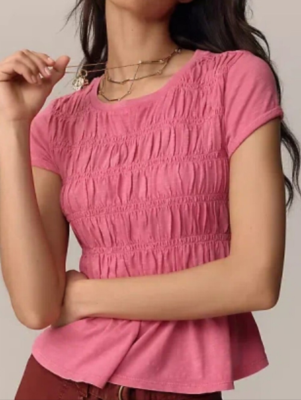 351-NWT Pilcro Anthropologie Women's Pink Smocked Peplum Short Sleeve Top